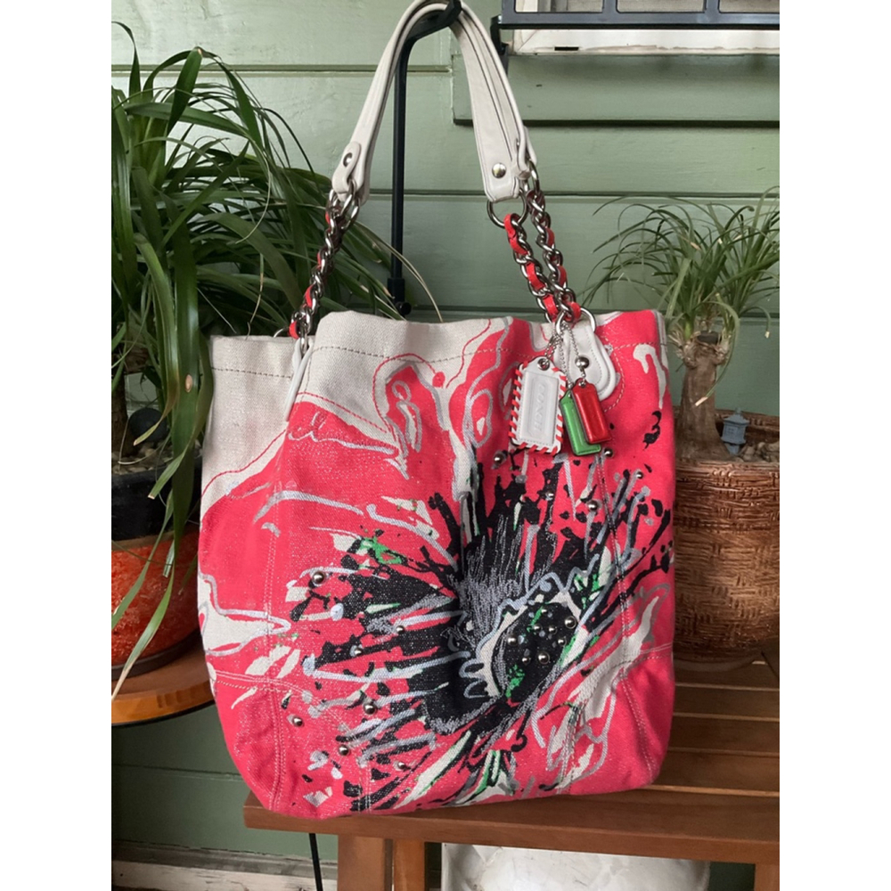 Coach Poppy Flower Whipstitch Light Khaki Duffel Bucket Large Tote LMTED ED